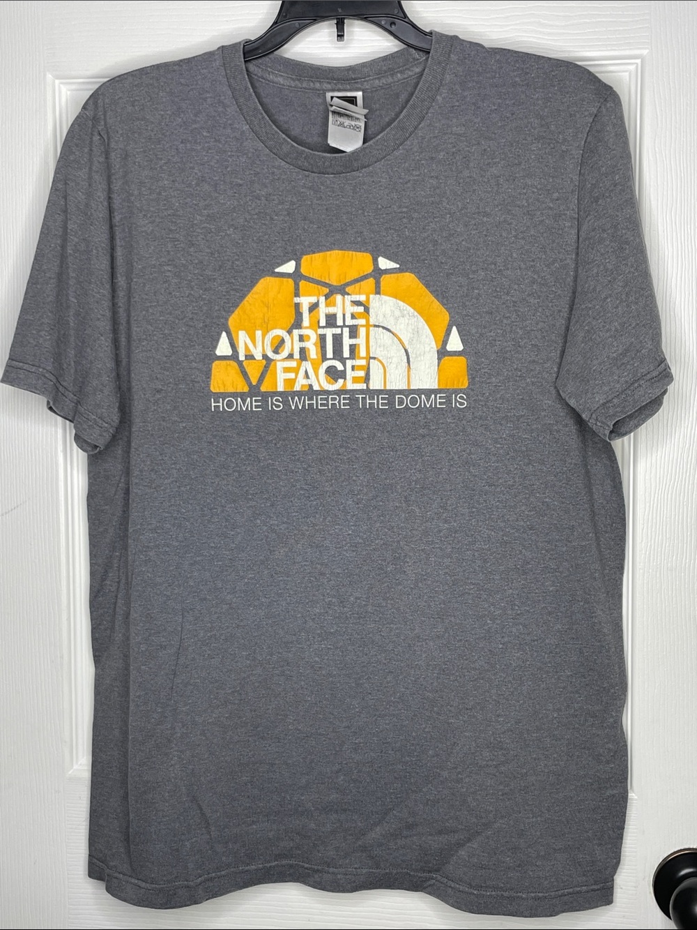 The North Face Gray Tee with Yellow & White Logo. Size M